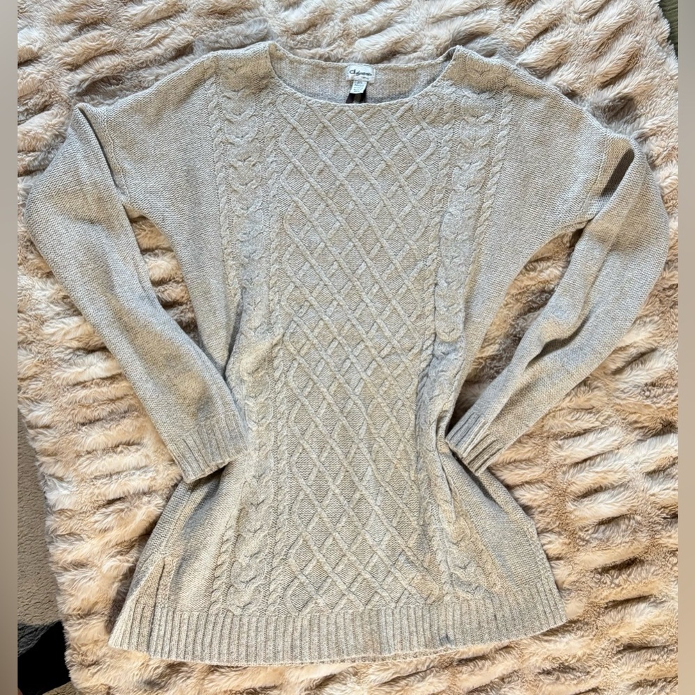 Dynamite - Light Gray Cable Knit Long Crewneck Sweater